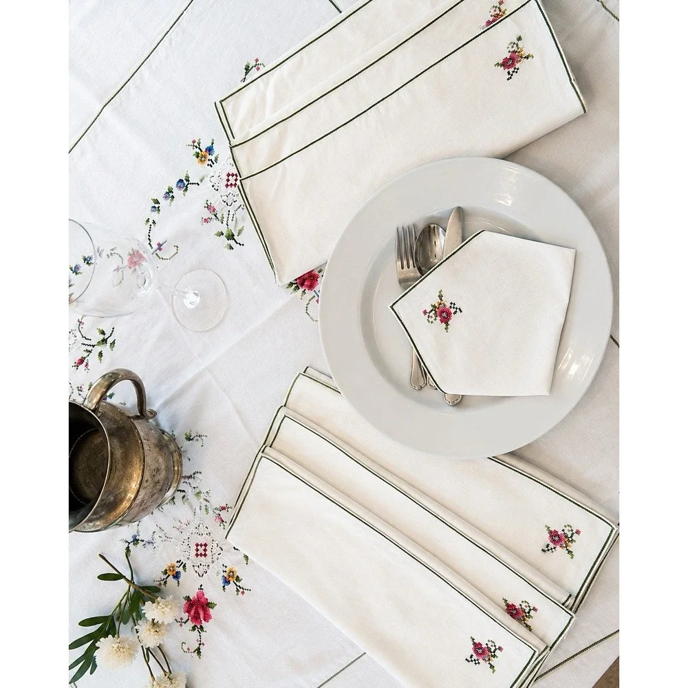 Vintage Hand Embroidered Linen Cross Stitch Tablecloth 7 Napkins Floral 63 x 63